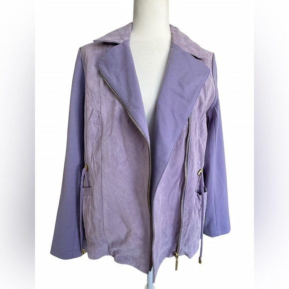 IMAN Genuine Suede Leather Moto Jacket Lilac Purple Lavender Knit Sleeve S NWT - Picture 2 of 10